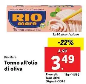 Lidl Rio Mare Tonno all'olio di oliva 3x 80 g confezione offerta