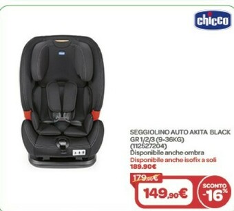 Bimbo Store Seggiolino auto akita black gr 1/2/3 (9-36kg) offerta