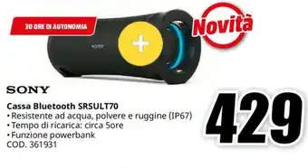 MediaWorld SONY Cassa Bluetooth SRSULT70 offerta