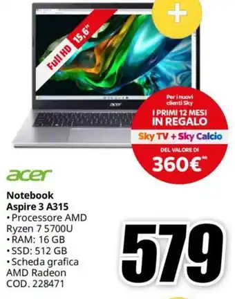 MediaWorld acer Notebook Aspire 3 A315 offerta