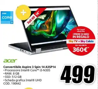 MediaWorld acer Convertibile Aspire 3 Spin 14 A3SP14 offerta