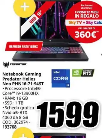 MediaWorld PREDATOR Notebook Gaming Predator Helios Neo PHN16-71-94ST offerta