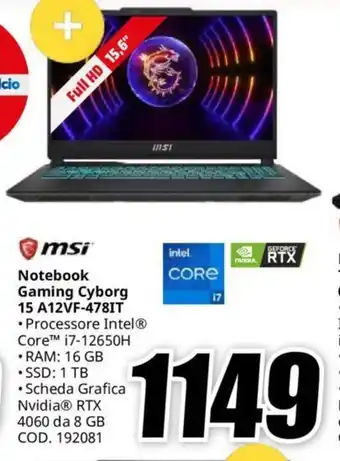 MediaWorld msi Notebook Gaming Cyborg 15 A12VF-478IT offerta