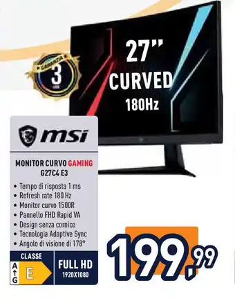 Unieuro msi MONITOR CURVO GAMING G27C4 E3 offerta