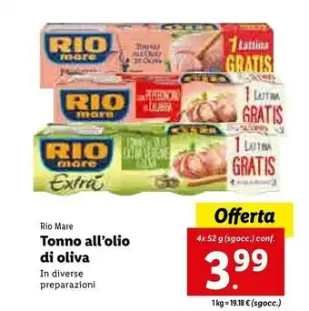 Lidl Tonno con olio extra vergine di oliva biologico linea bio 208 g(ml) offerta
