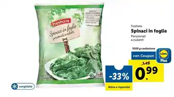 Lidl Freshona - spinaci in foglie porzionati a cubetti 1000 g(ml) offerta