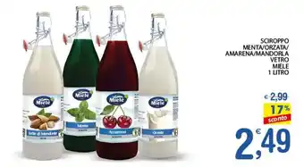 Qui Discount SCIROPPO MENTA/ORZATA/ AMARENA/MANDORLA VETRO MIELE 1 LITRO offerta