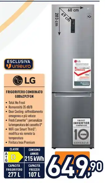 Unieuro LG FRIGORIFERO COMBINATO GBB62PZFGN offerta