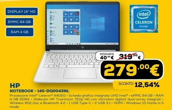 Euronics 14s-dq0043nl computer portatile 35,6 cm (14") hd intel® celeron® 4 gb ddr4-sdram 64 gb emmc wi-fi 5 (802.11ac) windows 10 hom offerta