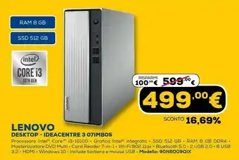 Euronics Ideacentre 07imb05 ddr4-sdram i3-10100 sff intel® core™ i3 di decima generazione 8 gb 512 gb ssd windows 10 home pc grigio offerta