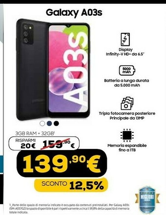 Euronics Galaxy a03s sm-a037g 16,5 cm (6.5") doppia sim android 11 4g usb tipo-c 3 gb 32 gb 5000 mah nero offerta