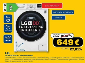 Euronics F4dv509h0e lavasciuga intelligente aidd 9/6kg vapore turbowash 1400 giri/min carica frontale classe e offerta
