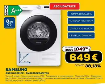 Euronics Dv80t5220aw libera installazione caricamento frontale bianco 8 kg a+++ offerta