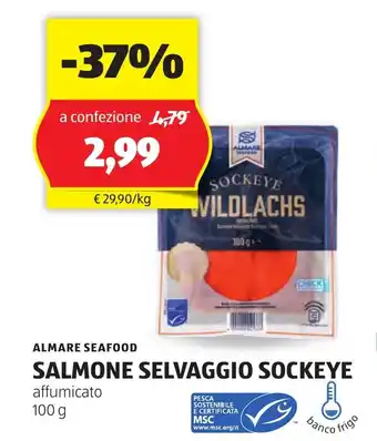 ALDI ALMARE SEAFOOD SALMONE SELVAGGIO SOCKEYE affumicato 100 g offerta