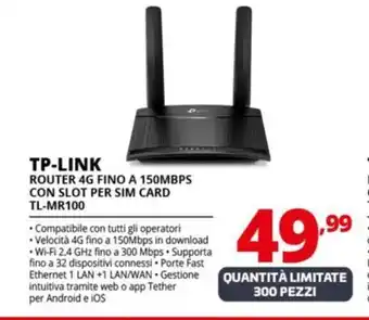 TP-LINK ROUTER 4G FINO A 150MBPS CON SLOT PER SIM CARD TL-MR100