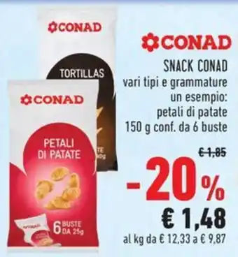 Conad SNACK CONAD vari tipi e grammature un esempio: petali di patate 150 g conf. da 6 buste offerta