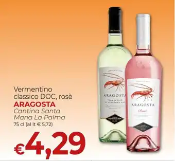 Vermentino classico DOC, rosè ARAGOSTA Cantina Santa Maria La Palma 75 cl