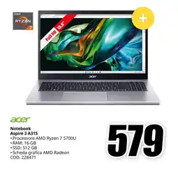 MediaWorld acer Notebook Aspire 3 A315 offerta
