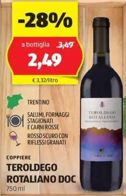 ALDI COPPIERE TEROLDEGO ROTALIANO DOC 750 ml offerta