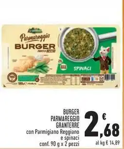 Conad Superstore BURGER PARMAREGGIO GRANTERRE con Parmigiano Reggiano e spinaci conf. 90 g x 2 pezzi offerta