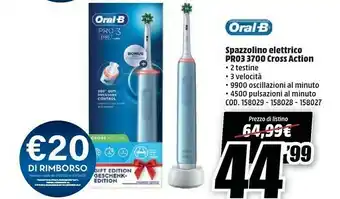 MediaWorld Oral-b pro 3 spazzolino elettrico ricaricabile - 3700 blu. 1 spazzolino + 2 testine offerta