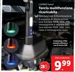 Lidl Torcia multifunzione ricaricabile Con funzione di focalizzazione 9 modalità di illuminazione: luce frontale 100%, 50%, 25%, offerta