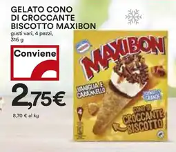 Coop GELATO CONO DI CROCCANTE BISCOTTO MAXIBON gusti vari, 4 pezzi, 316 g offerta