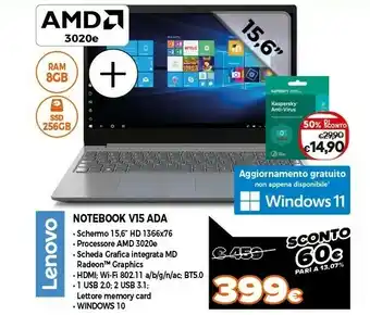 Expert V15 ada computer portatile 39,6 cm (15.6") full hd amd ryzen 3 8 gb ddr4-sdram 256 gb ssd wi-fi 5 (802.11ac) freedos grigio offerta