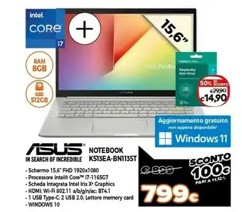 Expert Vivobook 15 k513ea-bn1135t computer portatile 39,6 cm (15.6") full hd intel® core™ i7 di undicesima generazione 8 gb ddr4-sdr offerta