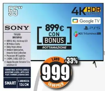 Unieuro Bravia xr55x90j smart tv 55 pollici, full array, 4k ultra hd led, hdr, con google tv (nero, modello 2021) offerta