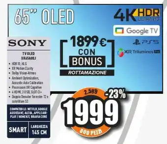 Unieuro Bravia xr-65a80j - smart tv oled 65 pollici, 4k ultra hd, hdr, con google tv (nero, modello 2021) offerta