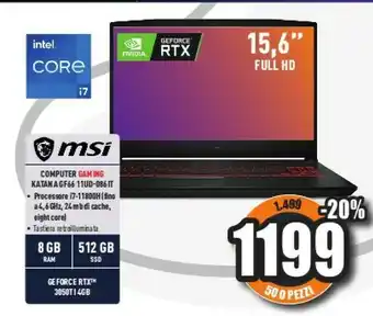 Unieuro Msi katana gf66 11ud-086it computer portatile 39,6 cm (15.6") full hd intel® core™ i7 di undicesima generazione 8 gb ddr4-sdr offerta