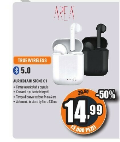 Area tws stone c1 cuffia auricolare bluetooth base di ricarica nero offerta  di Unieuro