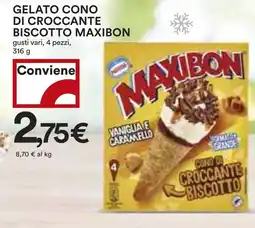 Coop Superstore GELATO CONO DI CROCCANTE BISCOTTO MAXIBON gusti vari, 4 pezzi, 316 g offerta