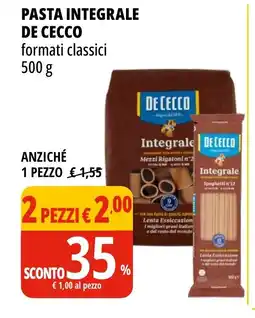 Tigros PASTA INTEGRALE DE CECCO formati classici 500 g offerta