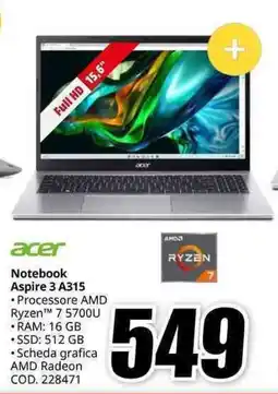 MediaWorld acer Notebook Aspire 3 A315 offerta