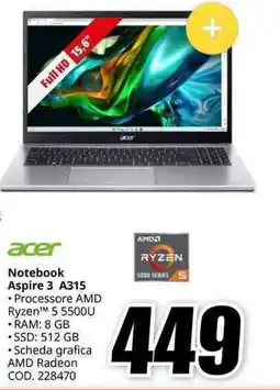 MediaWorld acer Notebook Aspire 3 A315 offerta