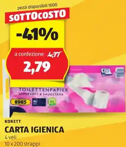 ALDI KOKETT CARTA IGIENICA 4 veli 10 x 200 strappi offerta
