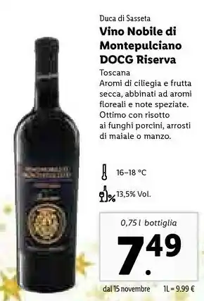 Lidl Duca di sasseta vino nobile di montepulciano docg riserva offerta