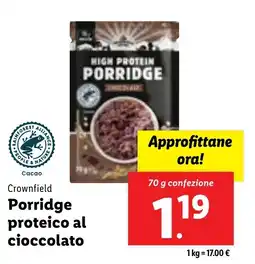 Lidl Crownfield Porridge proteico al cioccolato 70 g confezione offerta