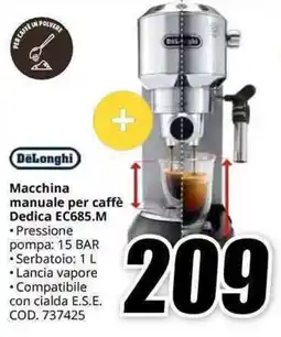 MediaWorld DeLonghi Macchina manuale per caffè Dedica EC685.M offerta
