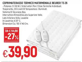 Famila Coprimaterasso Termico Matrimoniale Beurer TS 26 offerta