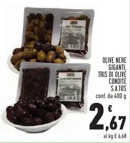 Conad OLIVE NERE GIGANTI, TRIS DI OLIVÉ CONDITE S.A.TOS conf. da 400 g offerta