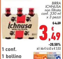 Conad BIRRA ICHNUSA non filtrata conf. 330 ml x 3 pezzi offerta