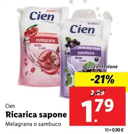 Lidl Cien Ricarica sapone Melagrana o sambuco 2 l confezione offerta