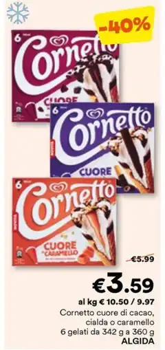 Unes Cornetto cuore di cacao, cialda o caramello 6 gelati da 342 g a 360 g offerta