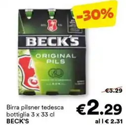 Unes Birra pilsner tedesca bottiglia 3 x 33 cl BECK'S offerta
