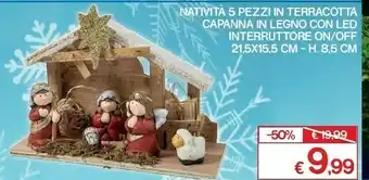 Natività 5 pezzi in terracotta capanna in legno con led interruttore on / off