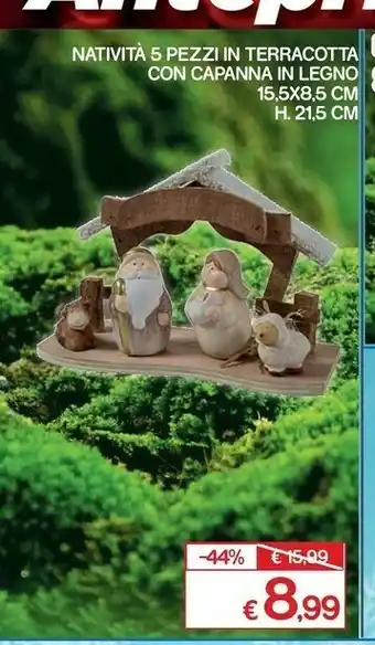 Satur Natività 5 pezzi in terracotta con capanna in legno offerta