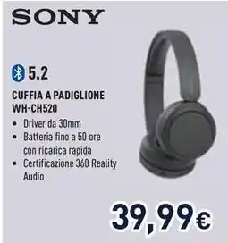 Unieuro SONY CUFFIA A PADIGLIONE WH-CH520 offerta